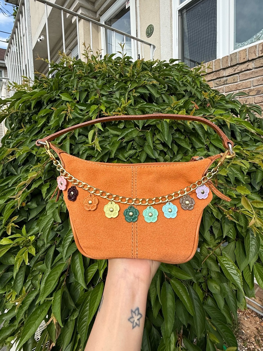 Fossil Orange Suede Y2K Shoulder Bag Floral Charm Chain Mini Hobo Purse